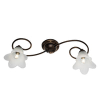 Plafoniera 2 Luci Alice Ferro Battuto Marrone E Oro Vetro Bianco