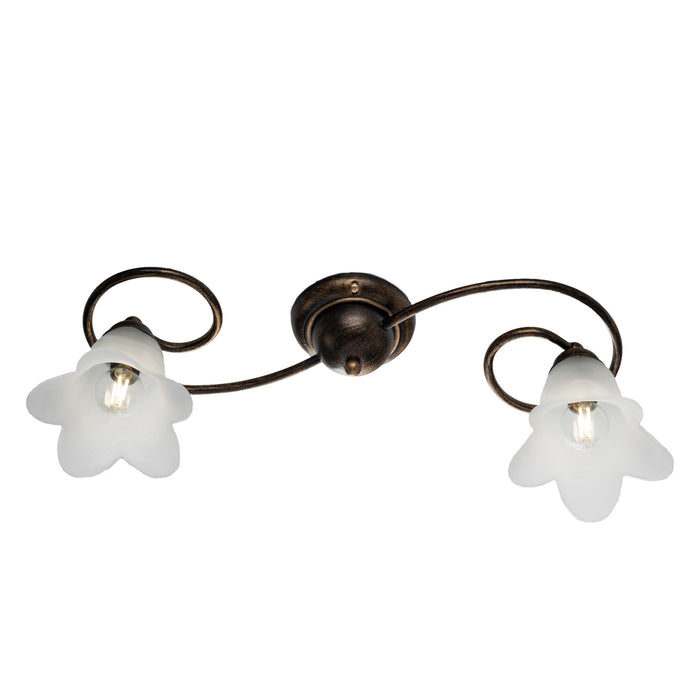 Plafoniera 2 Luci Alice Ferro Battuto Marrone E Oro Vetro Bianco