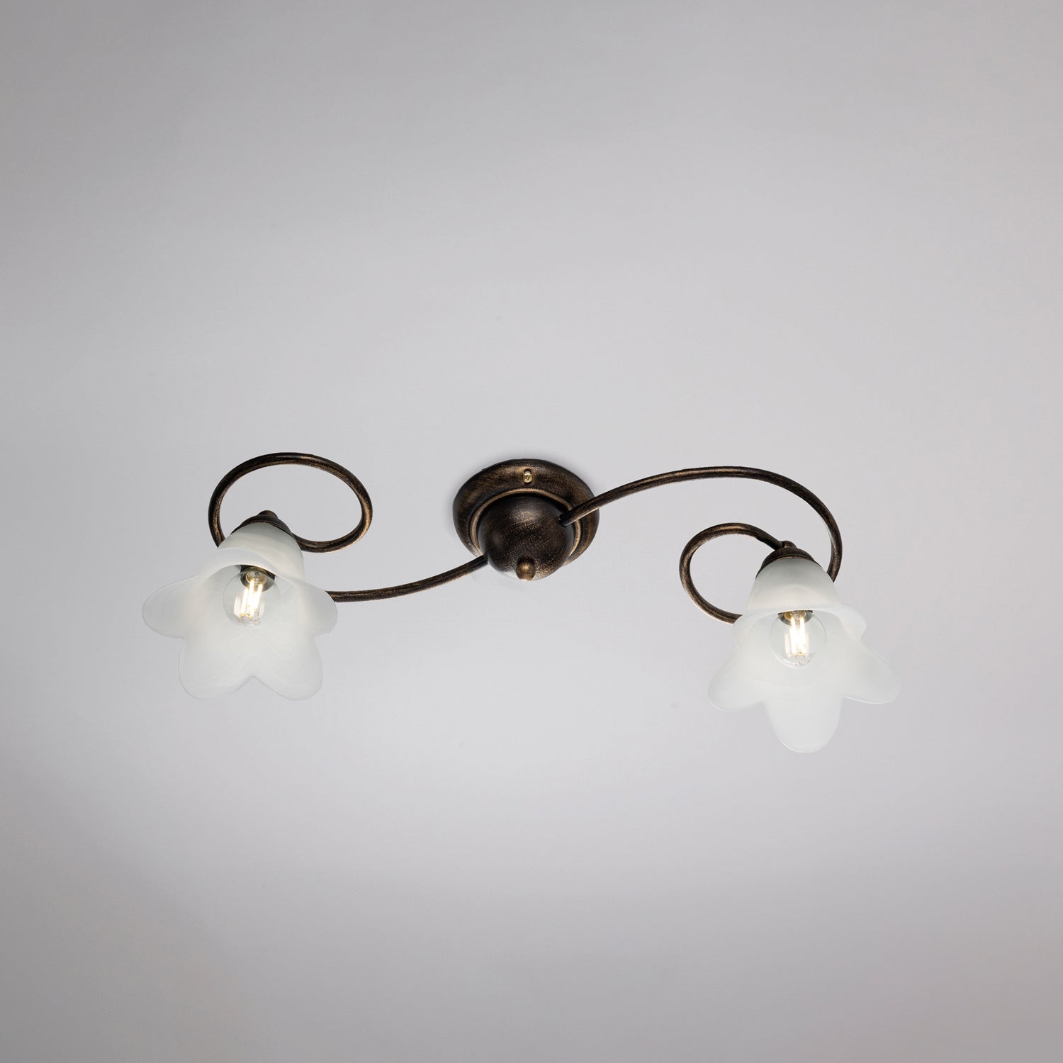 Plafoniera 2 Luci Alice Ferro Battuto Marrone E Oro Vetro Bianco