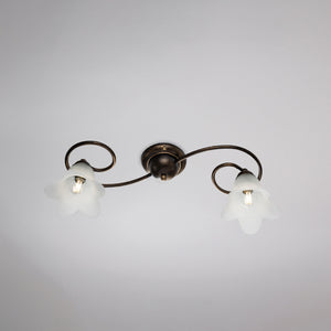 Plafoniera 2 Luci Alice Ferro Battuto Marrone E Oro Vetro Bianco