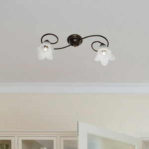 Plafoniera 2 Luci Alice Ferro Battuto Marrone E Oro Vetro Bianco