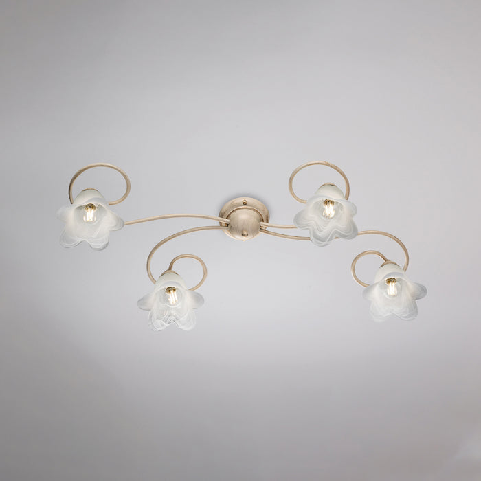 Alice Plafoniera in ferro laccato avorio con decoraz. oro antico e diffusori in vetro d. 14 alabastro bianchi 4 luci L. 87 X 40