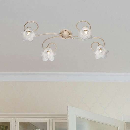 Plafoniera 4 Luci Alice Ferro Battuto Avorio E Oro Vetro Bianco