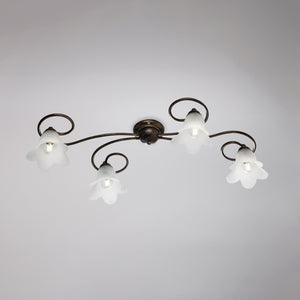 Alice Plafoniera in ferro laccato marrone con decoraz. oro antico e diffusori in vetro d. 14 alabastro bianchi 4 luci L. 87 X 40
