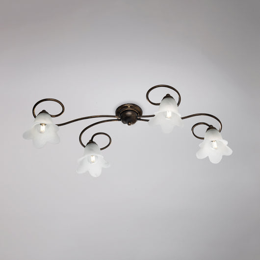 Alice Plafoniera in ferro laccato marrone con decoraz. oro antico e diffusori in vetro d. 14 alabastro bianchi 4 luci L. 87 X 40