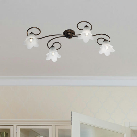 Plafoniera 4 Luci Alice Ferro Battuto Marrone E Oro Vetro Bianco