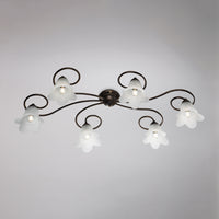 Alice Plafoniera in ferro laccato marrone con decoraz. oro antico e diffusori in vetro d. 14 alabastro bianchi 6 luci L. 99 X 50
