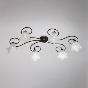 Alice Plafoniera in ferro laccato marrone con decoraz. oro antico e diffusori in vetro d. 14 alabastro bianchi 6 luci L. 99 X 50
