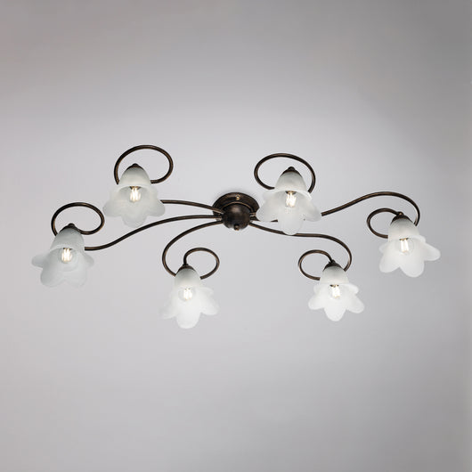 Alice Plafoniera in ferro laccato marrone con decoraz. oro antico e diffusori in vetro d. 14 alabastro bianchi 6 luci L. 99 X 50