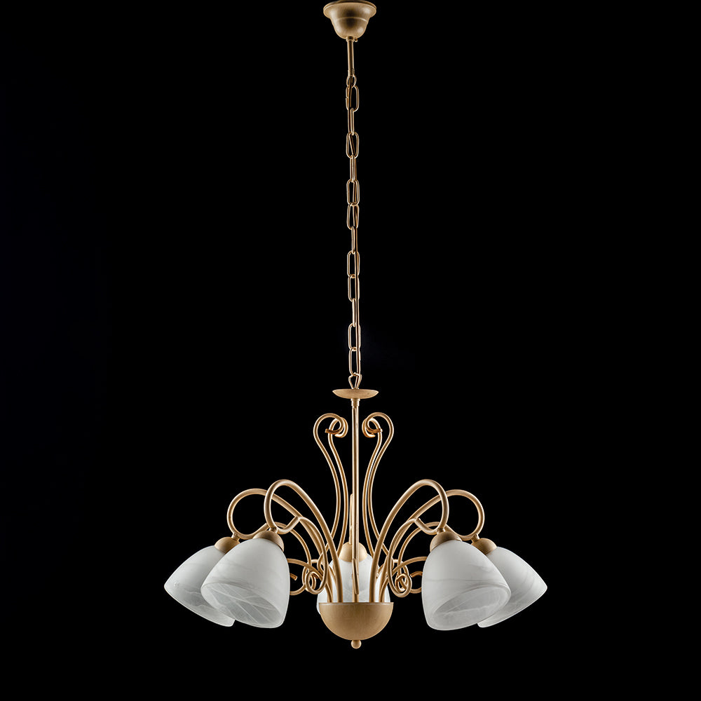 Lampadario Classico 5 Luci Ferro Avorio Decapé E Vetro Bianco Serie Antico