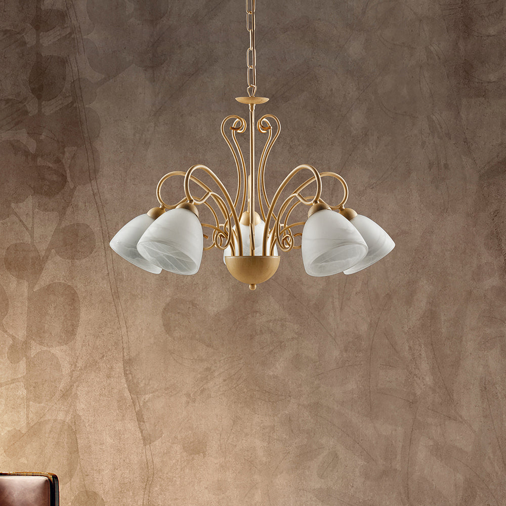 Lampadario Classico 5 Luci Ferro Avorio Decapé E Vetro Bianco Serie Antico