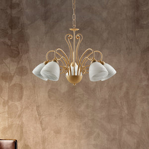 Lampadario Classico 5 Luci Ferro Avorio Decapé E Vetro Bianco Serie Antico