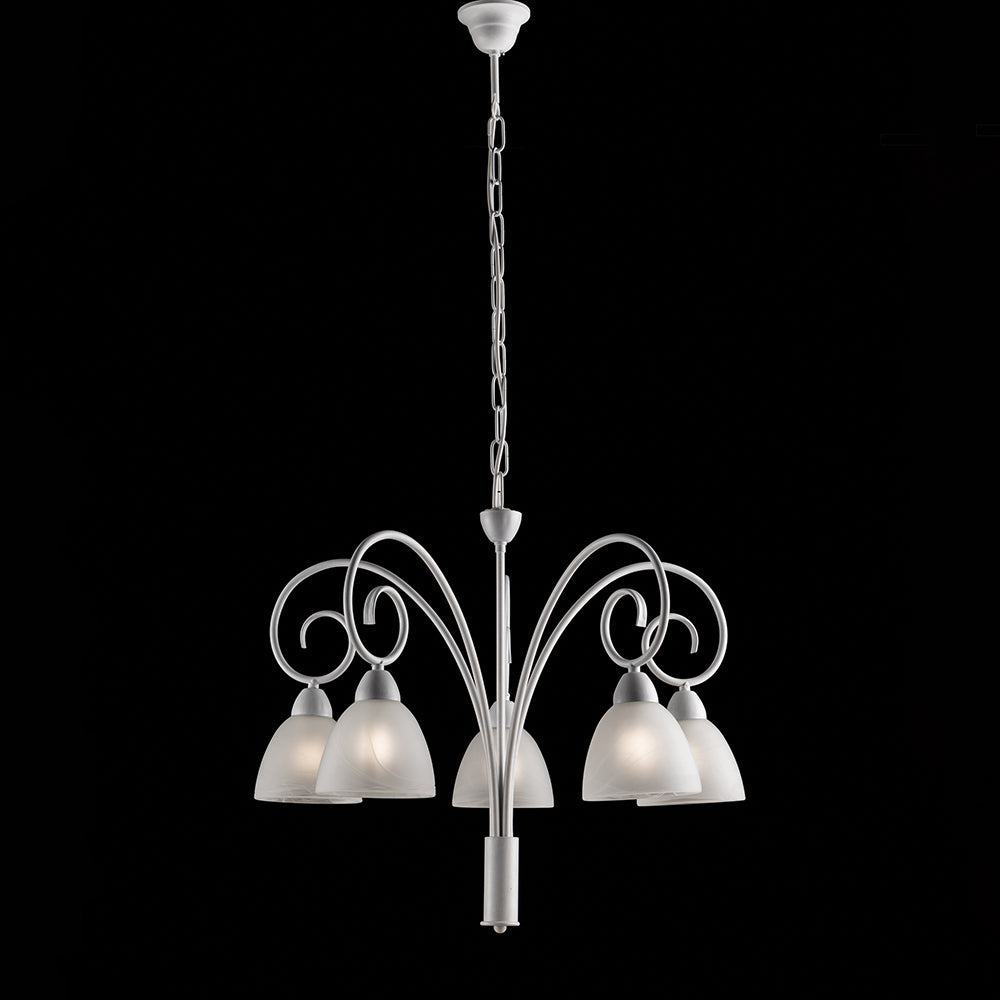 Lampadario 5 Luci Ferro Batturo Bianco Shabby E Vetro Bianco Serie Aurelio