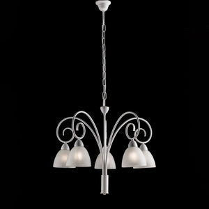 Lampadario 5 Luci Ferro Batturo Bianco Shabby E Vetro Bianco Serie Aurelio