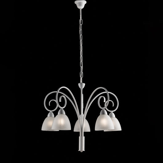 Lampadario 5 Luci Ferro Batturo Bianco Shabby E Vetro Bianco Serie Aurelio