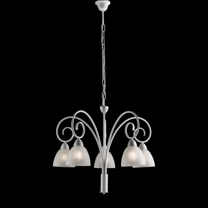 Lampadario 5 Luci Ferro Batturo Bianco Shabby E Vetro Bianco Serie Aurelio