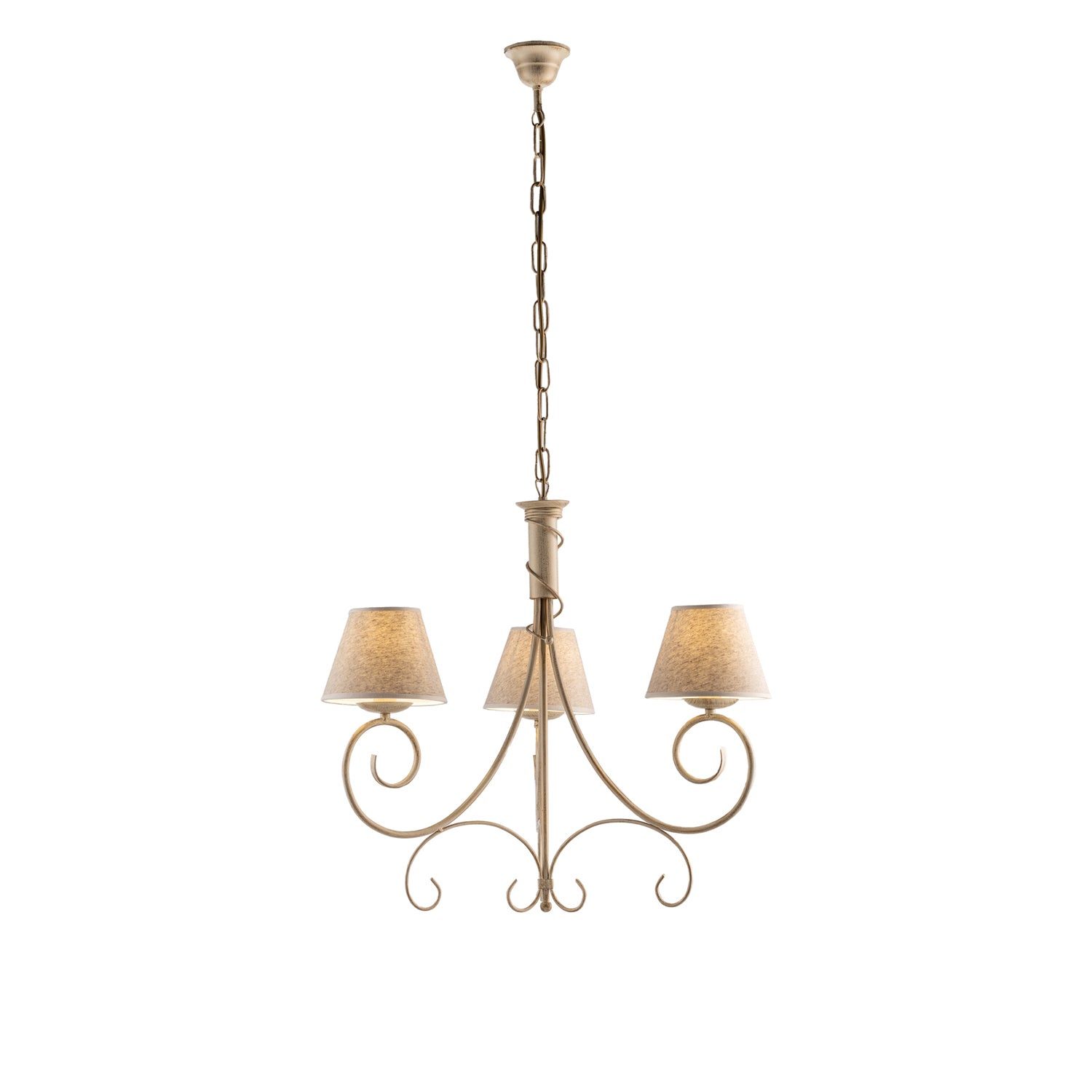 Lampadario 3 Luci Vienna Ferro Avorio E Oro Con Paralumi In Pvc