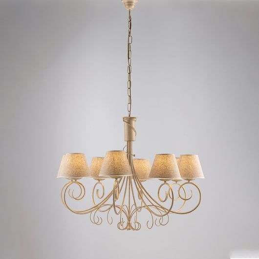 Lampadario 8 Luci Vienna Ferro Avorio E Oro Con Paralumi In Pvc