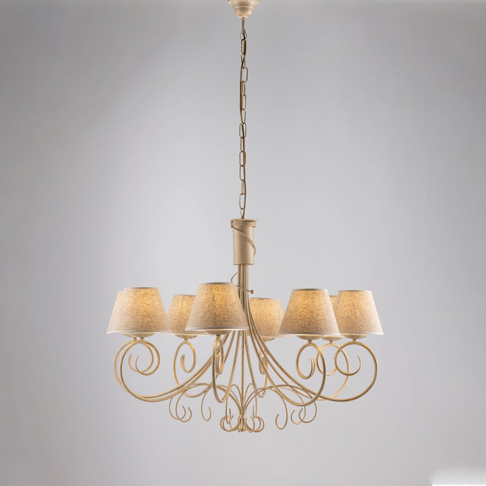 Lampadario 8 Luci Vienna Ferro Avorio E Oro Con Paralumi In Pvc
