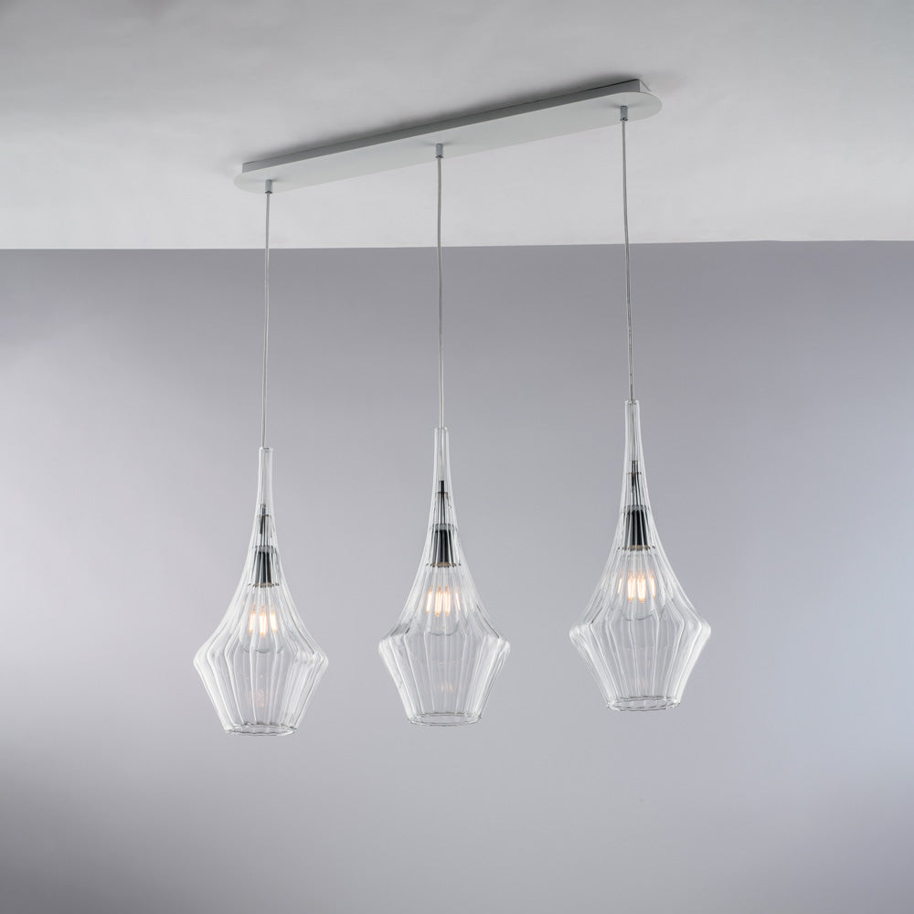 Lampadario Binario Moderno Zeus Metallo Bianco Vetro Trasparente 3 Luci E27
