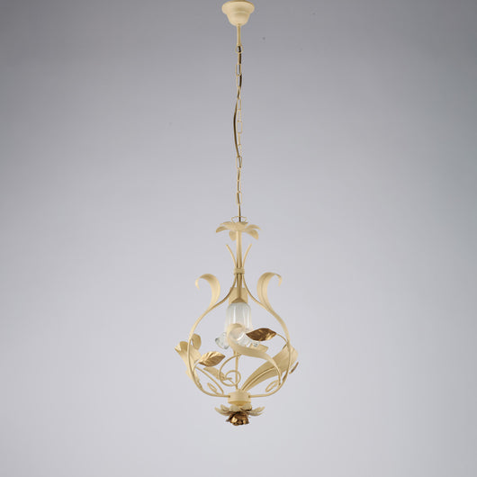 Lampadario Arte Povera Cesto Metallo Avorio E Oro 1 Luce E14