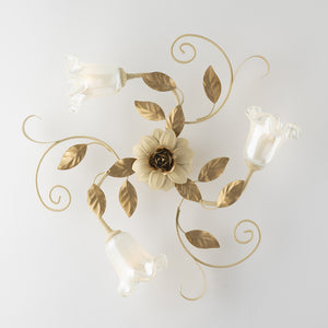 Plafoniera Arte Povera Cesto Metallo Avorio E Oro 3 Luci E14