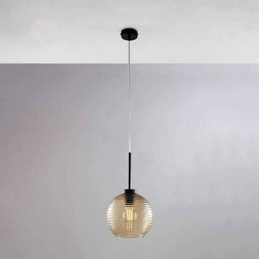 Sospensione Moderna Ankara 1 Luce Ferro Nero Vetro Soffiato Ambra