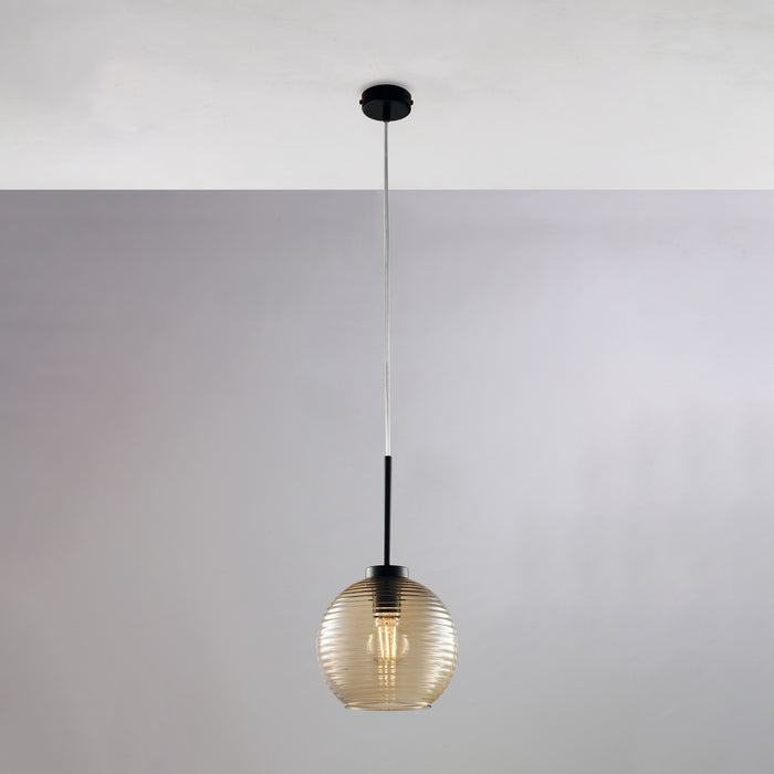 Sospensione Moderna Ankara 1 Luce Ferro Nero Vetro Soffiato Ambra