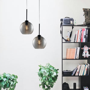 Sospensione Moderna Ankara 1 Luce Ferro Nero Vetro Soffiato Grigio Specchiato