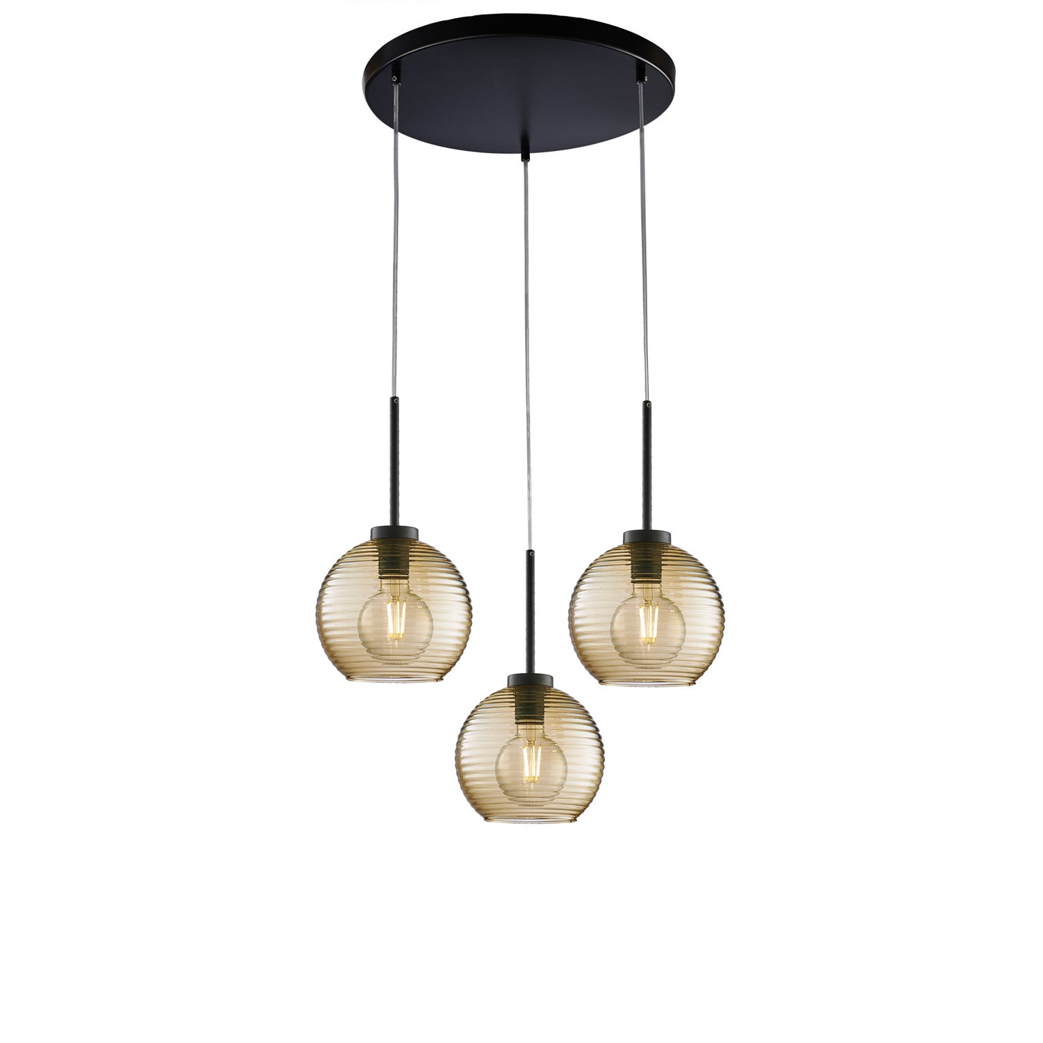 Sospensione Moderna Ankara 3 Luci Ferro Nero Vetro Soffiato Ambra