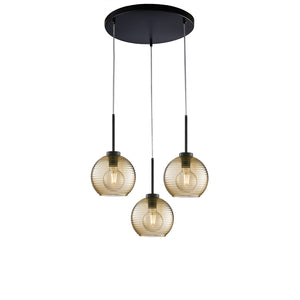 Sospensione Moderna Ankara 3 Luci Ferro Nero Vetro Soffiato Ambra