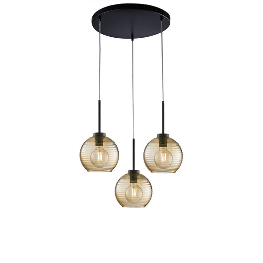 Sospensione Moderna Ankara 3 Luci Ferro Nero Vetro Soffiato Ambra