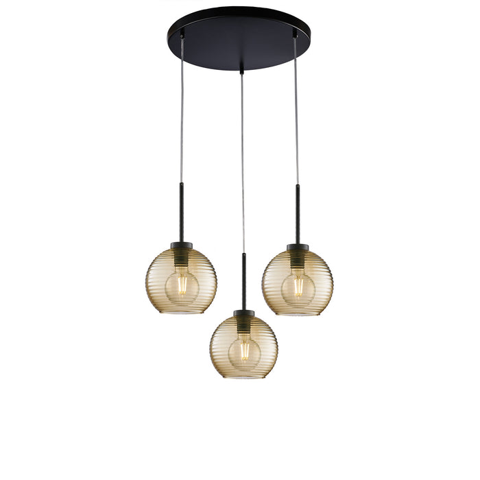 Sospensione Moderna Ankara 3 Luci Ferro Nero Vetro Soffiato Ambra