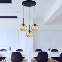 Sospensione Moderna Ankara 3 Luci Ferro Nero Vetro Soffiato Ambra