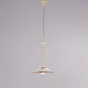 Bistrot Lampadario in ferro laccato avorio e decoraz. effetto decapè con diffusore in ceramica d. 30 bianco e marrone 1 luce 105 Ø30