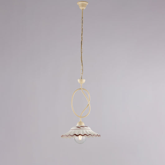 Bistrot Lampadario in ferro laccato avorio e decoraz. effetto decapè con diffusore in ceramica d. 30 bianco e marrone 1 luce 105 Ø30