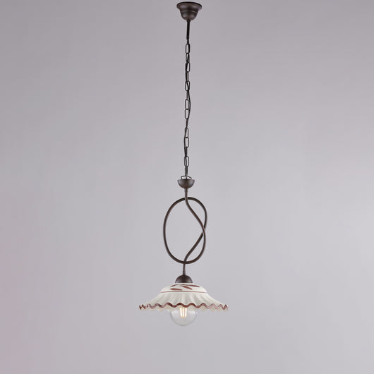 Bistrot Lampadario in ferro laccato nero e decoraz. effetto ruggine con diffusore in ceramica d. 30 bianco e marrone 1 luce 105 Ø30