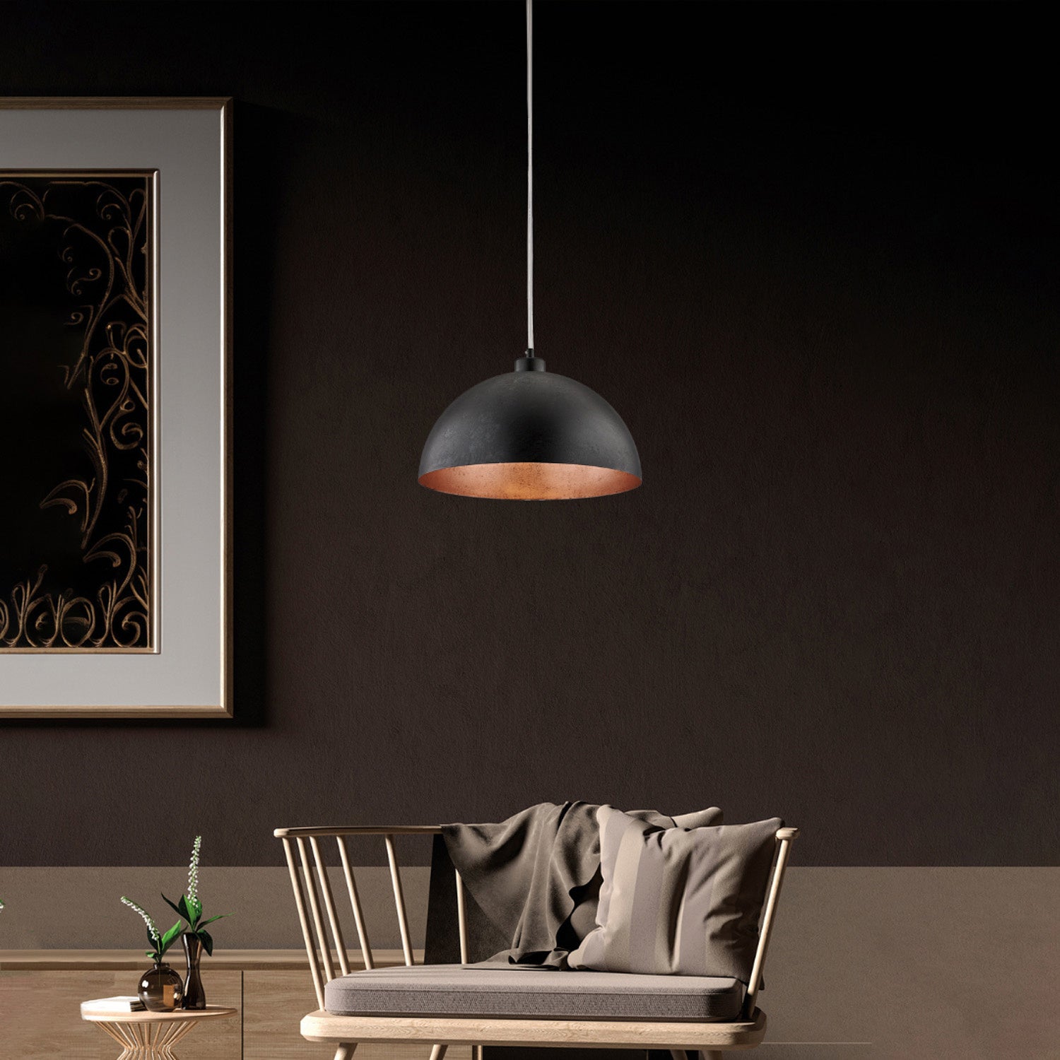 Sospensione Industrial 1 Luce Marcus In Ferro Laccato Nero E Rame Diam 35