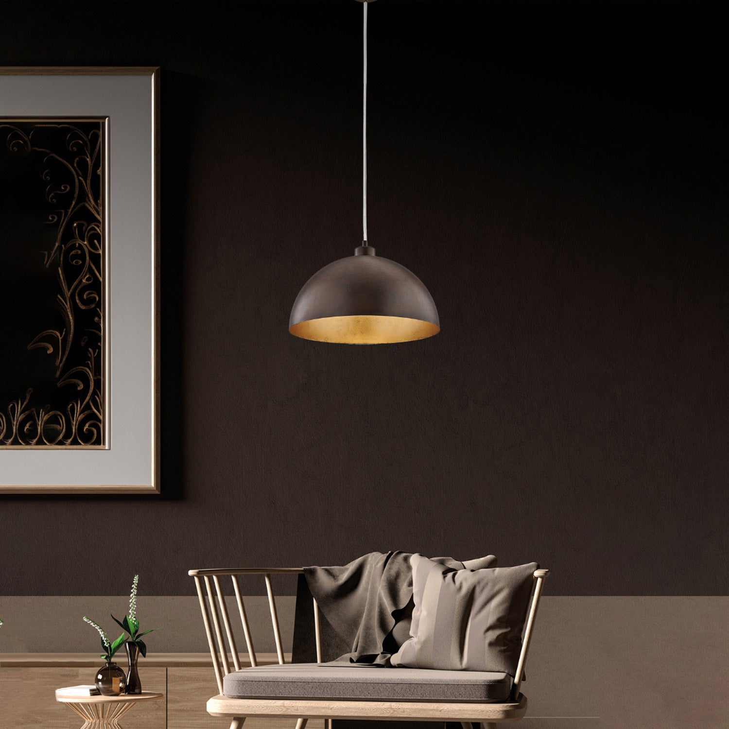 Sospensione Industrial 1 Luce Marcus In Ferro Laccato Ruggine E Oro Diam 35