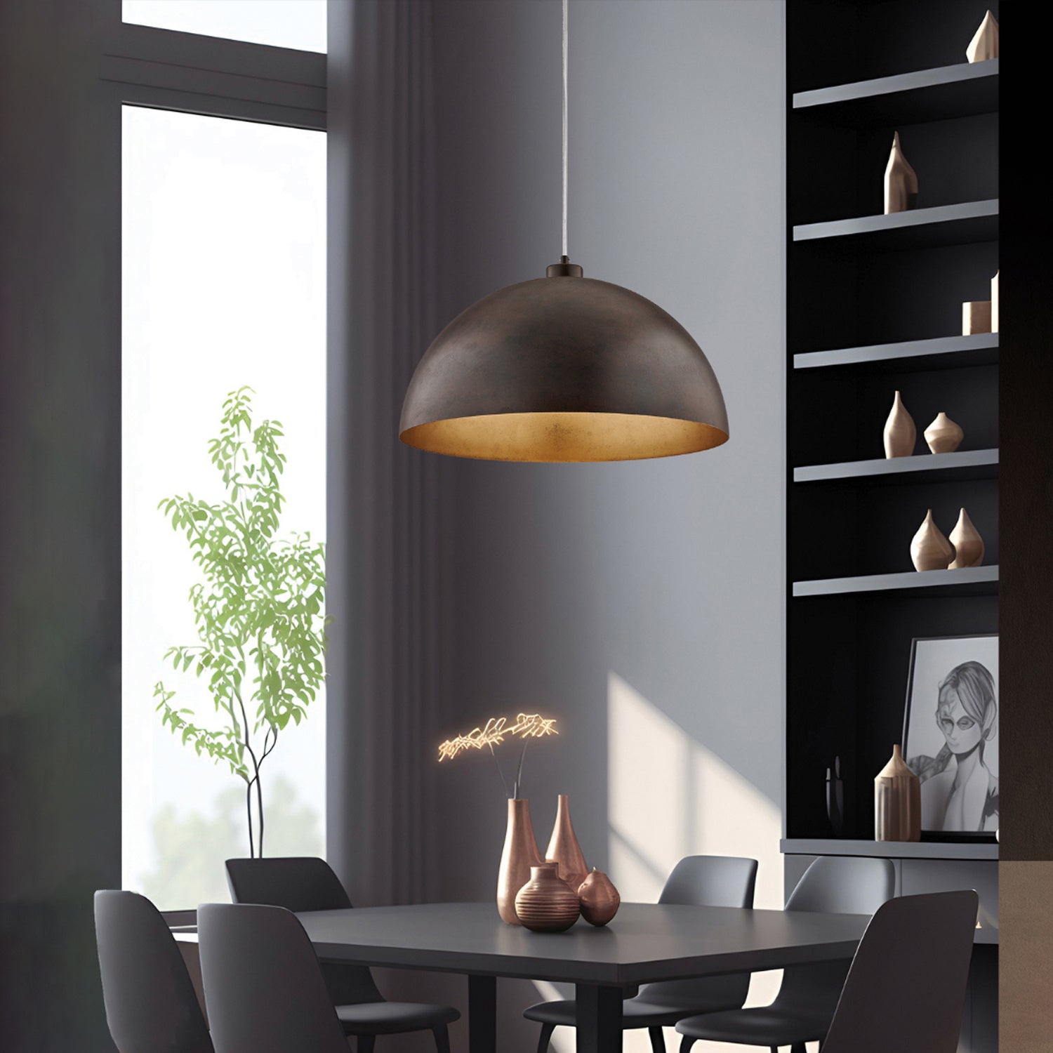 Sospensione Industrial 1 Luce Marcus In Ferro Laccato Ruggine E Oro Diam 50