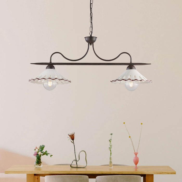 Bilanciere 2 Luci Osteria In Ferro Nero Ruggine E Coppe In Ceramica Decorata