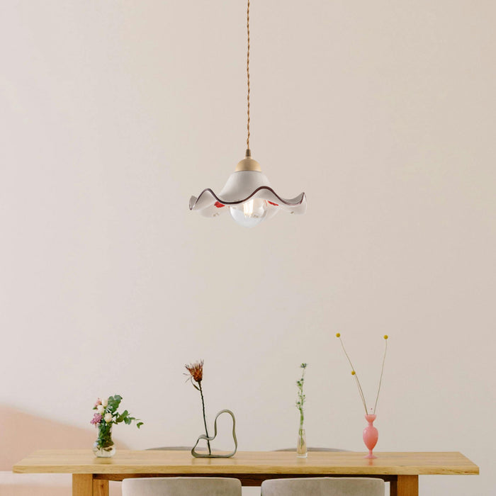 Sospensione 1 Luce Anemone In Ferro Laccato Avorio E Ceramica Decorata