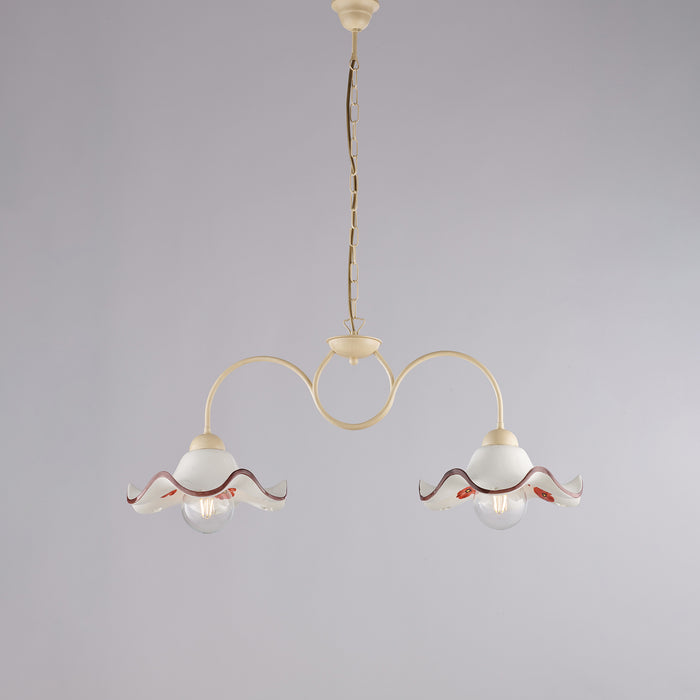 Bilanciere 2 Luci Anemone In Ferro Laccato Avorio E Ceramica Decorata