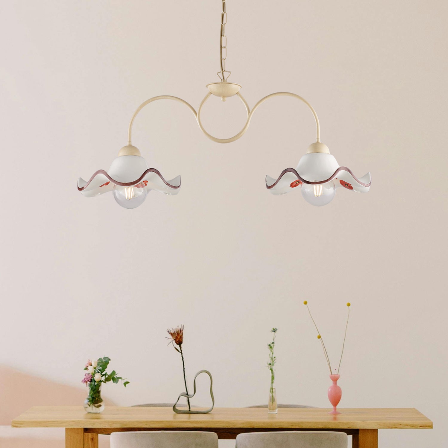 Bilanciere 2 Luci Anemone In Ferro Laccato Avorio E Ceramica Decorata