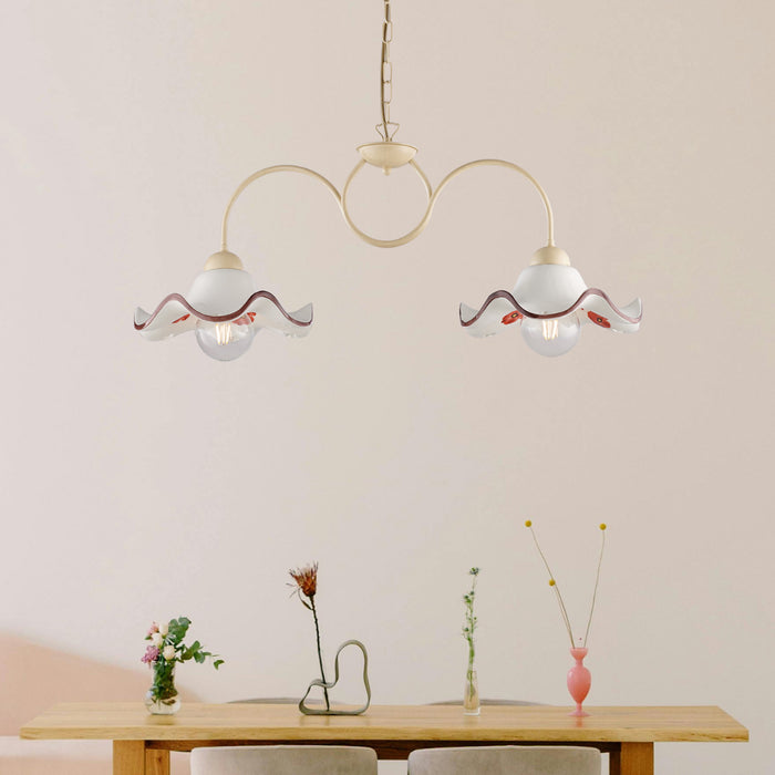 Bilanciere 2 Luci Anemone In Ferro Laccato Avorio E Ceramica Decorata