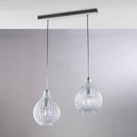 Diamante Binario in ferro bianco e montatura cromo con cavi regolabili e diffusori in vetro soffiato trasparente con dec. effetto cristallo 2 luci