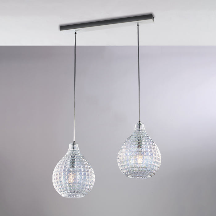 Diamante Binario in ferro bianco e montatura cromo con cavi regolabili e diffusori in vetro soffiato trasparente con dec. effetto cristallo 2 luci