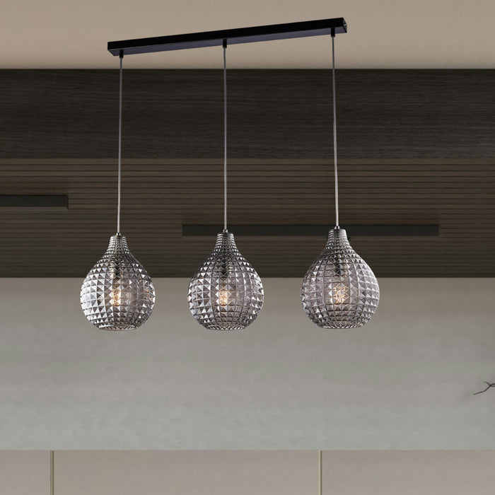 Sospensione 3 Luci Diamante A Binario Ferro Nero E Vetro Grigio Specchiato