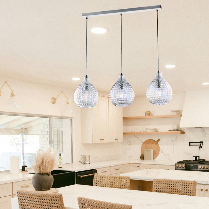 Sospensione 3 Luci Diamante A Binario Ferro Bianco E Vetro Soffiato Trasparente