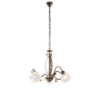 Lampadario Forgiato 3 Luci Ferro Marrone E Oro Vetro Bianco